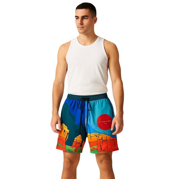 VISRICHE Men's Swim Trunks Size [L] – Canyon Graphic Board Shorts Drawstring - Picture 1 of 8